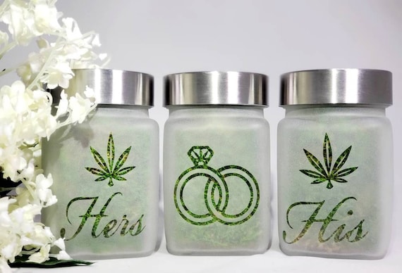 Elegant Cannabis Wedding Stash Jar Collection - Hers, His & Ours 3-Piece Set, Hers and Hers Cannabis Themed Wedding, His and His Bud Bar