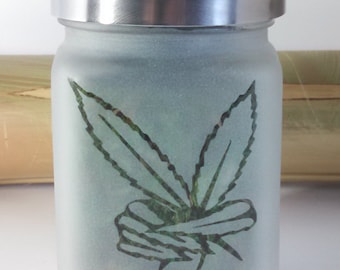 Etched Glass Pot Leaf Peace Sign Stash Jar - 420 Gift Idea for Weed Lovers - Unique Pot Leaf Accessories for Storing Your Favorite Herbs