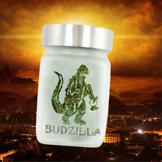 Budzilla Stash Jar by Twisted420Glass – Fun Etched Glass Herb Storage, Airtight & Odor-Proof Design for Cannabis Enthusiasts