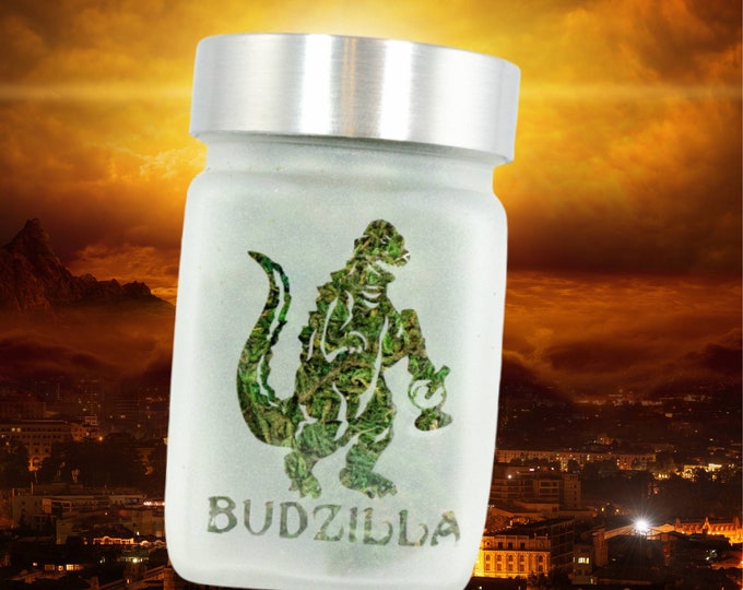 Budzilla Stash Jar by Twisted420Glass – Fun Etched Glass Herb Storage, Airtight & Odor-Proof Design for Cannabis Enthusiasts