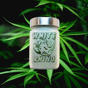 Discreet, airtight White Rhino etched glass stash jar perfect for keeping cannabis fresh and odorless. Makes a great gift for any cannabis enthusiast
