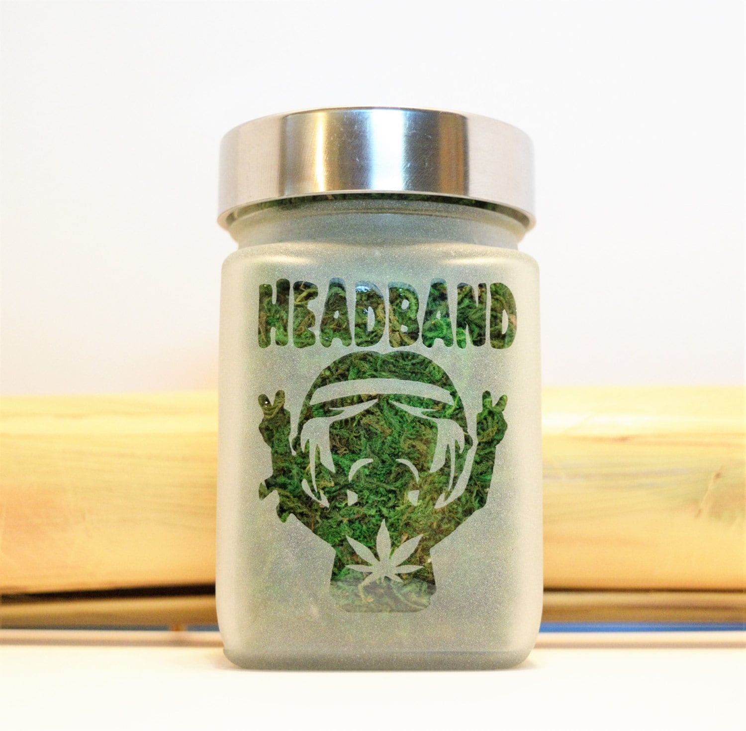 Headband Etched Glass Stash Jar Recreational Cannabis and MMJ Weed