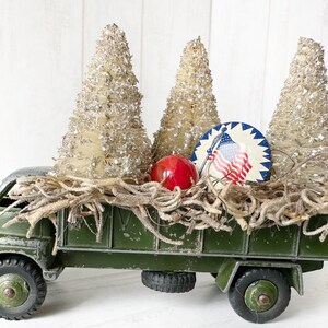Vintage Dinky Toy Army Truck: Bottle Brush Tree Decor, US Flag Pin