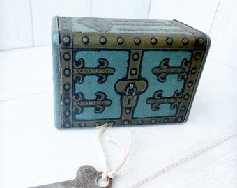 Vintage…Illinois Credit Union Treasure Chest Bank With Key