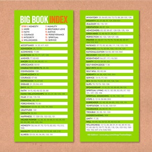 Könnte beinhalten: Zwei grüne Indexkarten mit einer weißen und roten Überschrift "BIG BOOK INDEX". Die Karten listen Themen und Seitenzahlen im Zusammenhang mit Genesung und Selbsthilfe auf, darunter "Ehrlichkeit", "Hoffnung" und "Glaube". Die Etsy-Shop-URL befindet sich unten.