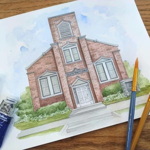 Church Painting, Watercolor Retirement Gift, Watercolor Painting, Custom Wedding Portrait, Second Anniversary Gift, Paper Anniversary