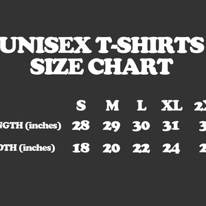 Puede incluir: Tabla de tallas de camisetas unisex que muestra las medidas de longitud y ancho en pulgadas para las tallas S, M, L, XL y 2XL.