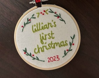 4" Baby's First Christmas Ornament - hand embroidered