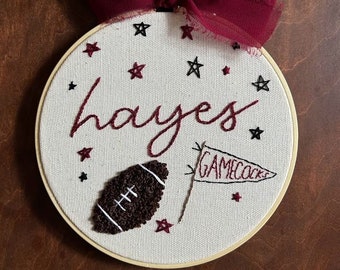 Custom Name Hand Embroidered Hoop - Nursery, Kids room, South Carolina, gamecocks, baby shower, embroidered baby name announcement