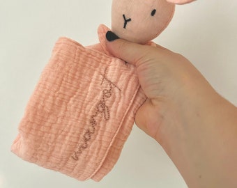 Hand-Embroidered Cotton Muslin Pink Bunny, Baby Gift, Baby Shower, Nursery Decoration