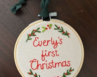 4" Baby's First Christmas Ornament - hand embroidered