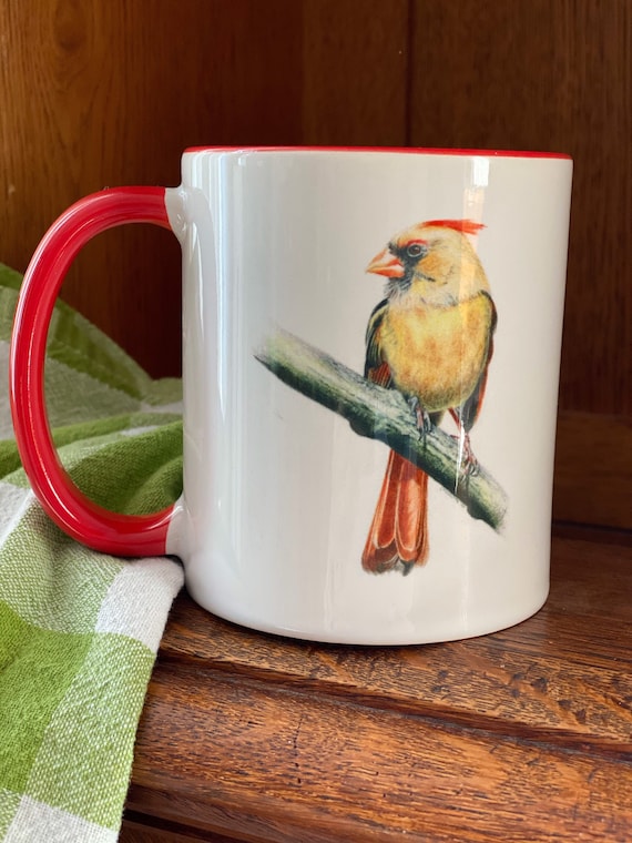 Cardinal Mug. Decorated with my original colored pencil drawing of Mrs. Cardinal. Buy 2 for free shipping!