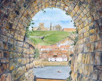 Art Print &quot;Abbey view&quot;- A4 size, Whitby, seascape, wall art, harbour view, Yorkshire coast, Whitby Abbey,  from a painting by Dave Marsh