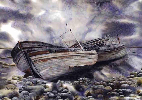 Art Print "High and dry"- A4 size, landscape, seascape, boats, stormy sky, wall art, Scotland, greys, blues, from a painting by Dave Marsh
