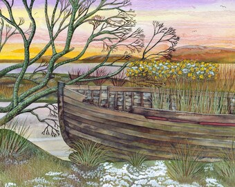 Art Print: "Backwater"- A3 winter landscape print, abandoned boat, boat print, coastal art, snow, wall art, from a painting by Liz Marsh