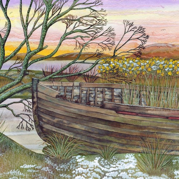 Art Print: « Backwater » - Impression de paysage d’hiver A3, bateau abandonné, impression de bateau, art côtier, neige, art mural, d’après une peinture de Liz Marsh