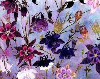 Art Print: "Columbine" - A3 flower print, wall art, columbine painting, acquilegia print, lilac purple art, from a painting by Liz Clarke