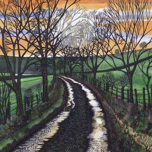 Art Print: &quot;Track and field&quot; - A3 hare print, wall art, hare painting, trees print, winter print, from an original painting by Liz Clarke