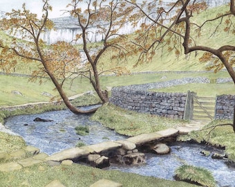 Art Print: &quot;Malham Cove&quot; -  A4 landscape print, rural print, Yorkshire Dales, wall art, country scene, from a painting by Dave Marsh