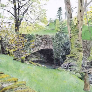Impression d’art : « mousse Banque »-A3 paysage impression, sticker, scène de pays, pont du pays, Yorkshire, vert l’art de la peinture par Dave Marsh