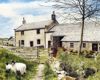 Art Print: "Moorside Farm" -  A4 countryside print, farmhouse, sheep print, landscape, farm print, wall art, from a painting by Dave Marsh