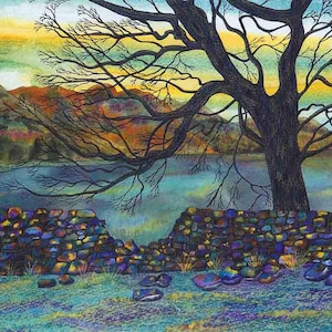 Art Print: &quot;Wonder wall&quot; -  A3 landscape print, wall art, tree print, hole in the wall, turquoise art, Cumbria,from a painting by Liz Clarke
