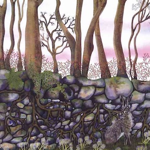 Art Print: &quot;Clock-watchers&quot; - A3 hare print, trees print, wall art, hare painting, dandelion clocks, from an original painting by Liz Clarke