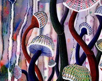 Art Print: "Mushroom dance" - A3 mystical print, boho print, psychedelic art, magical mushrooms, wall art, from a painting by Liz Clarke