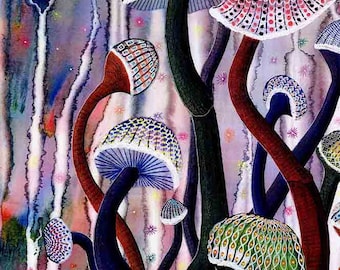 Art Print: "Mushroom dance" - A3 mystieke print, boho print, psychedelische kunst, magische paddestoelen, kunst aan de muur, uit een schilderij van Liz Clarke