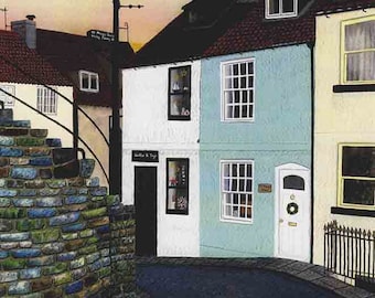 Art Print: &quot;Setts and steps, Whitby&quot; - A4 seaside print, wall art, fishermen&#39;s cottages, fishing town, Whitby, from a painting by Liz Clarke