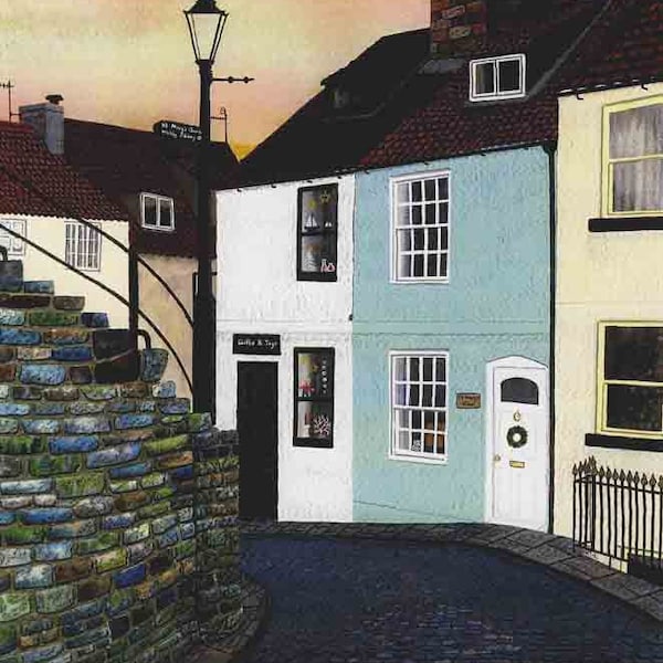 Art Print: "Setts and steps, Whitby" - A4 seaside print, wall art, fishermen's cottages, fishing town, Whitby, from a painting by Liz Clarke