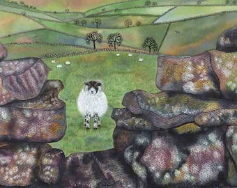 Art Print: "Swaledale welcome" - A3 sheep print,Swaledale sheep, wall art, dry stone wall,Yorkshire, from an original painting by Liz Marsh