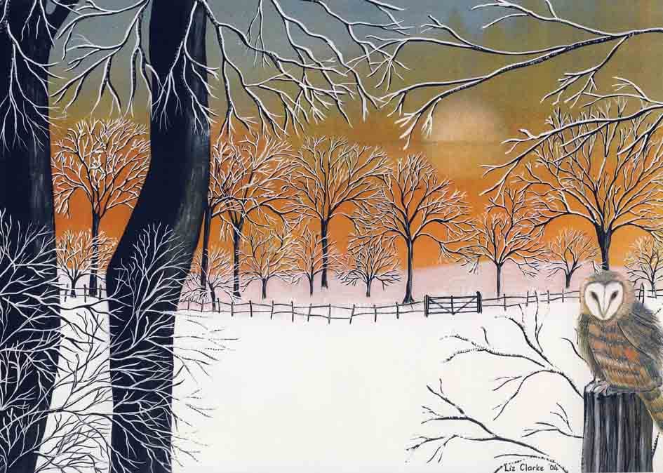 Art Print: "Owl's winter sunset" - A4 bird print, owl print, snow scene ,wall art, bar