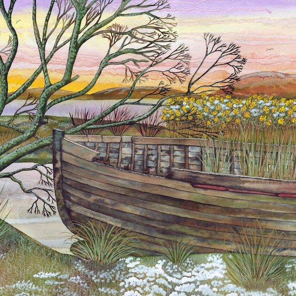 Art Print: « Backwater » - A4 impression de paysage d’hiver, bateau abandonné, impression côtière, impression de bateau, neige, art mural, d’après une peinture de Liz Marsh