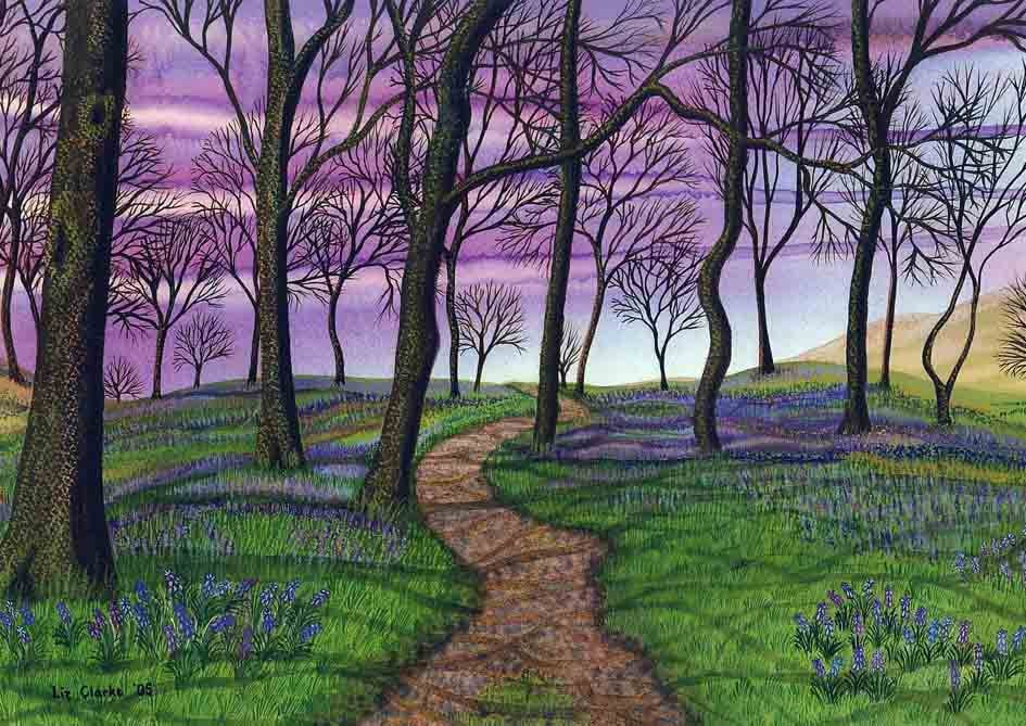 Art Print: "Bluebell sky" - A4 spring print, wall art, tree print, bluebell wood, lilac purple art, from an original painting by Liz Clarke