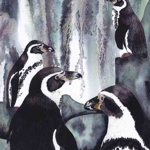 Art Print: &quot;Splashdown&quot;-A3 pinguïn afdrukken, pinguïn schilderij, kunst aan de muur, bird print, zwart grijs kunst, van een origineel schilderij door Liz Clarke