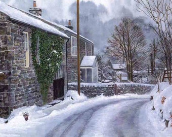 Art Print: &quot;Beck House Farm&quot; - A4 winter landscape print, wall art, snow print, snowy landscape, Yorkshire, from a painting by Dave Marsh
