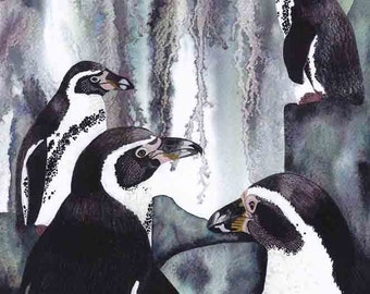 Art Print: "Splashdown" -A4 penguin print, penguin painting, wall art, bird print, black grey art, from an original painting by Liz Clarke