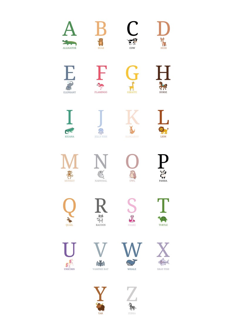 Alphabet Nursery Digital Prints, Printable Wall Art, Neutral Kids
