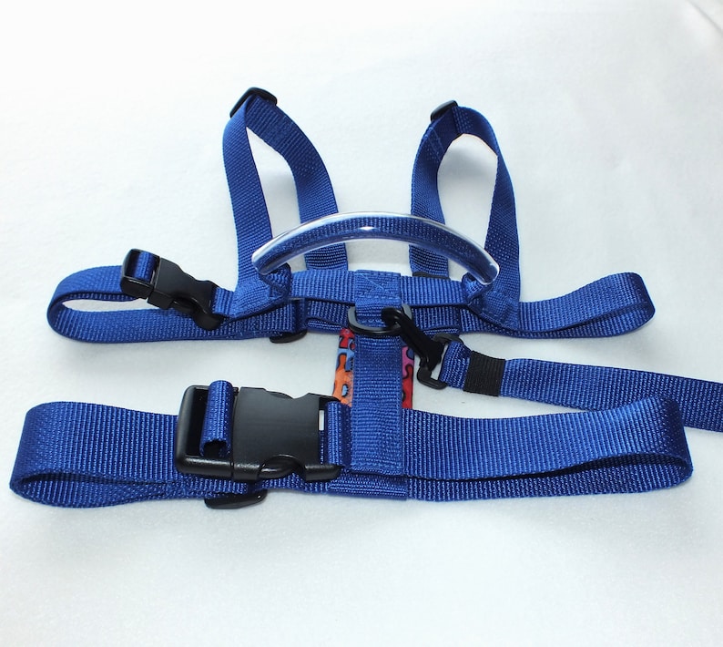 May include: A blue child safety harness with a clear plastic handle and adjustable straps. The harness has a buckle closure and is designed to help keep children safe while walking.