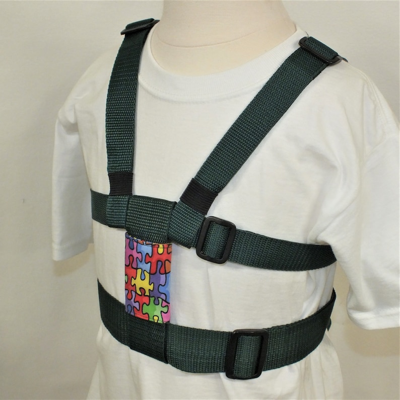 Child Safety Harness with Adjustable Leash, Back Buckles. Autism Harness, Special Needs, Houdini Dark green