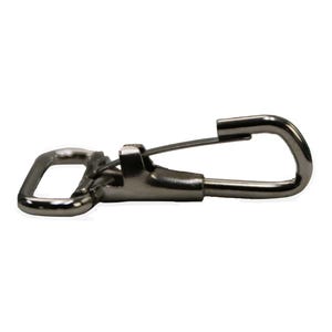 May include: Silver metal trigger snap hook with a D-ring. The hook is open and ready to be attached to a strap or leash.