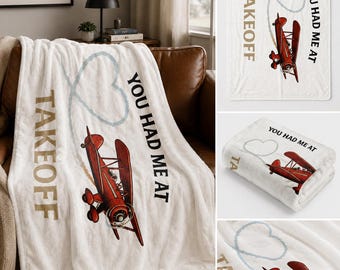 Pilot Plush Blanket | Aviation Throw Blanket | You Had Me At Takeoff Blanket | Airplane Lover Gift | Vintage Biplane Decor