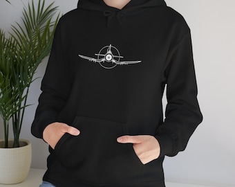 Vintage Corsair Plane Hoodie | Front View Aircraft Outline, Minimal Aviation Design