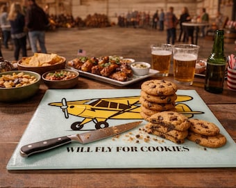 Yellow Vintage Plane Will Fly For Cookies Cutting Board | Aviation Kitchen Decor