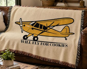 Pilot Blanket Will Fly for Cookies Woven Throw | Aviation Blanket | Airplane Couch Blanket | Cub Pilot Gift | Aviation Home Decor