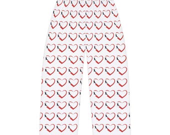 P-51 Airplane Warbird Heart Pattern Pajama Pants | Red Heart Allover Print