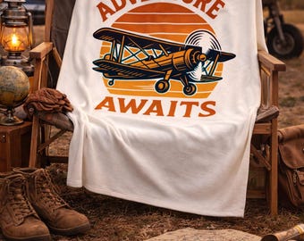 Adventure Awaits biplane Blanket | Vintage airplane retro travel design
