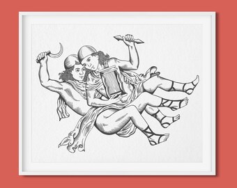Gemini Astrology Letterpress Print - Hand-Carved Lino Cut Zodiac Block Print Design on 100% Cotton Paper