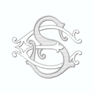 May include: A gray, stylized monogram with the letter "S" repeated twice, forming a decorative design with intricate flourishes.